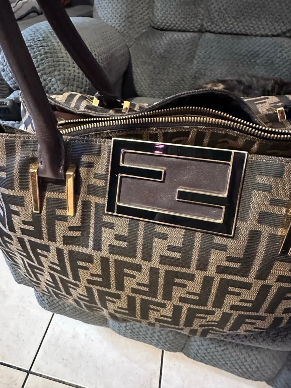 Fendi Brown Zucca Pattern Shoulder Bag with Logo Plaque